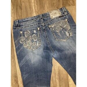 Miss Me Size 33 Mid Rise Easy Straight Blue Denim Jeans 33x33 Embellished Boho